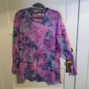 Printed Tie-Dye Sheer Lace Top - Purple Heather L